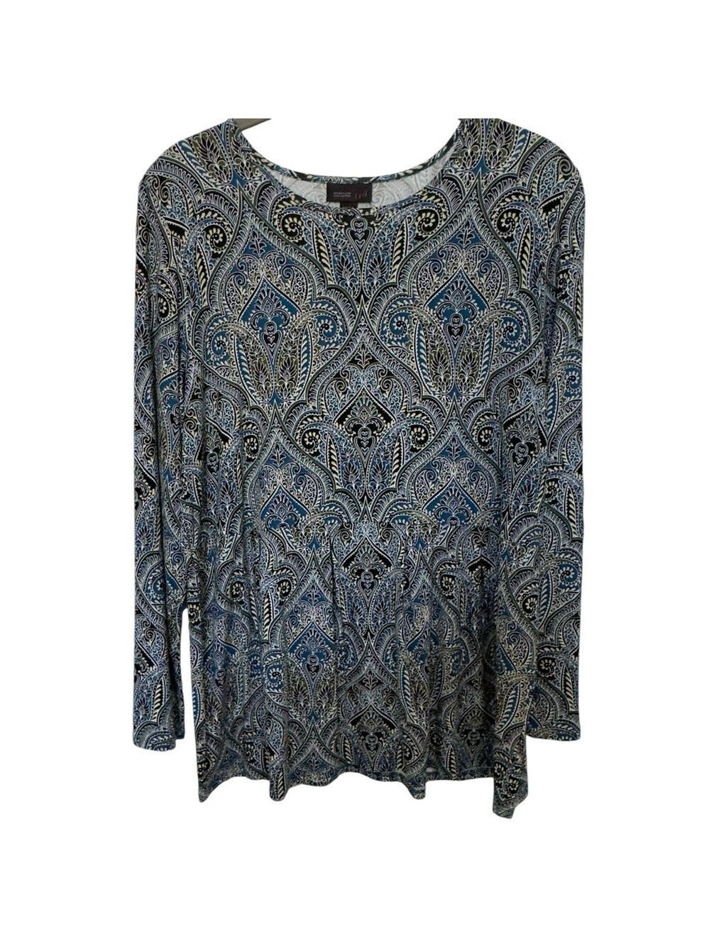J Jill Wearever Collection Sz M Petite Paisley Tunic Top Long Sleeve Blue Multi